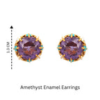 Amethyst enamel stud earrings with gold-tone setting, 1.3 cm diameter, featuring purple gemstones and turquoise accents