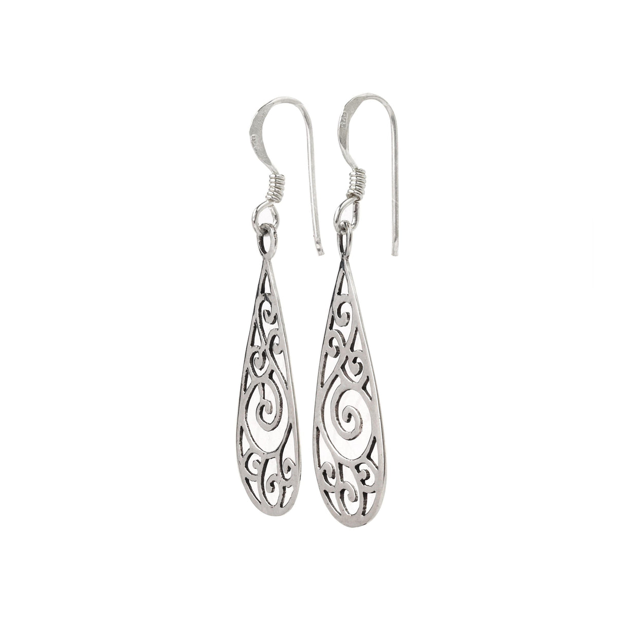 Sterling Silver Swirl Filigree Drop Earrings – Long 925 Silver Dangles