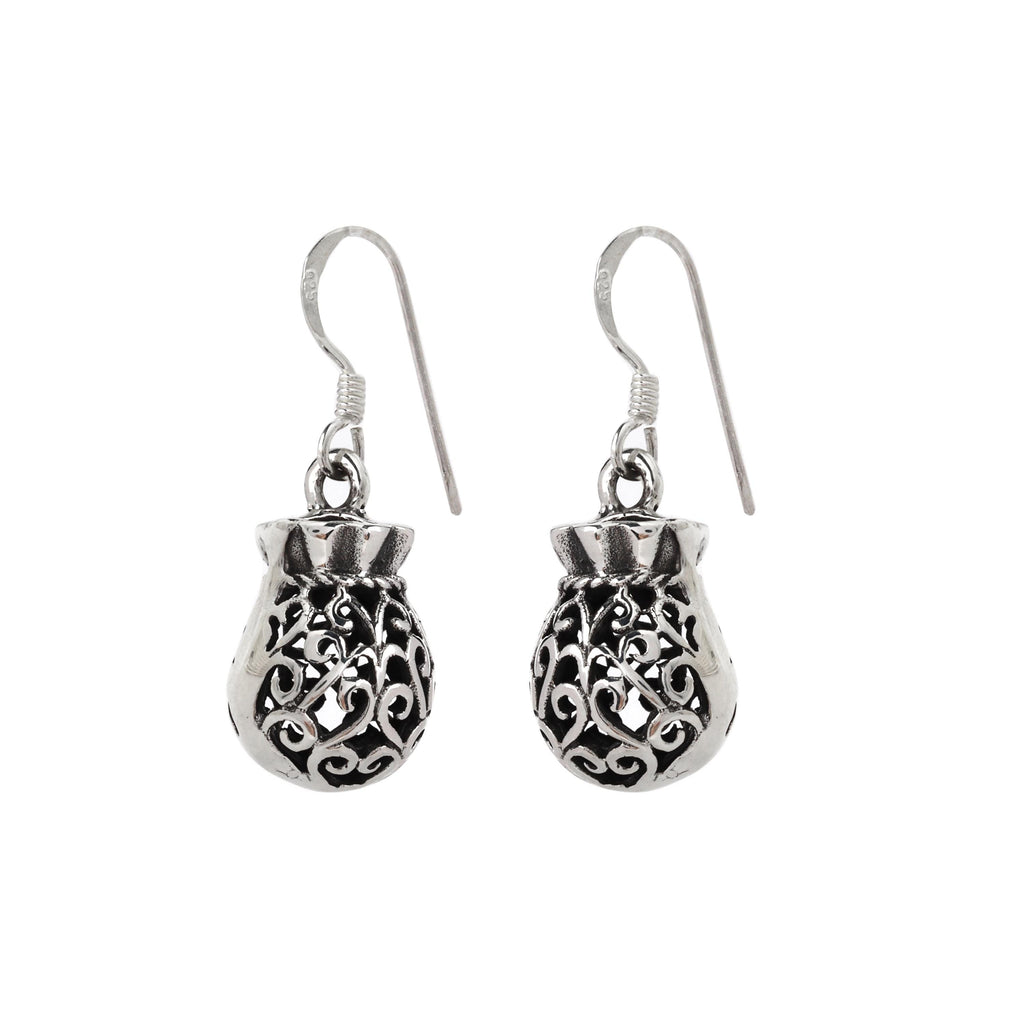 Sterling Silver Filigree Pouch Earrings – Ornate 925 Silver Dangles