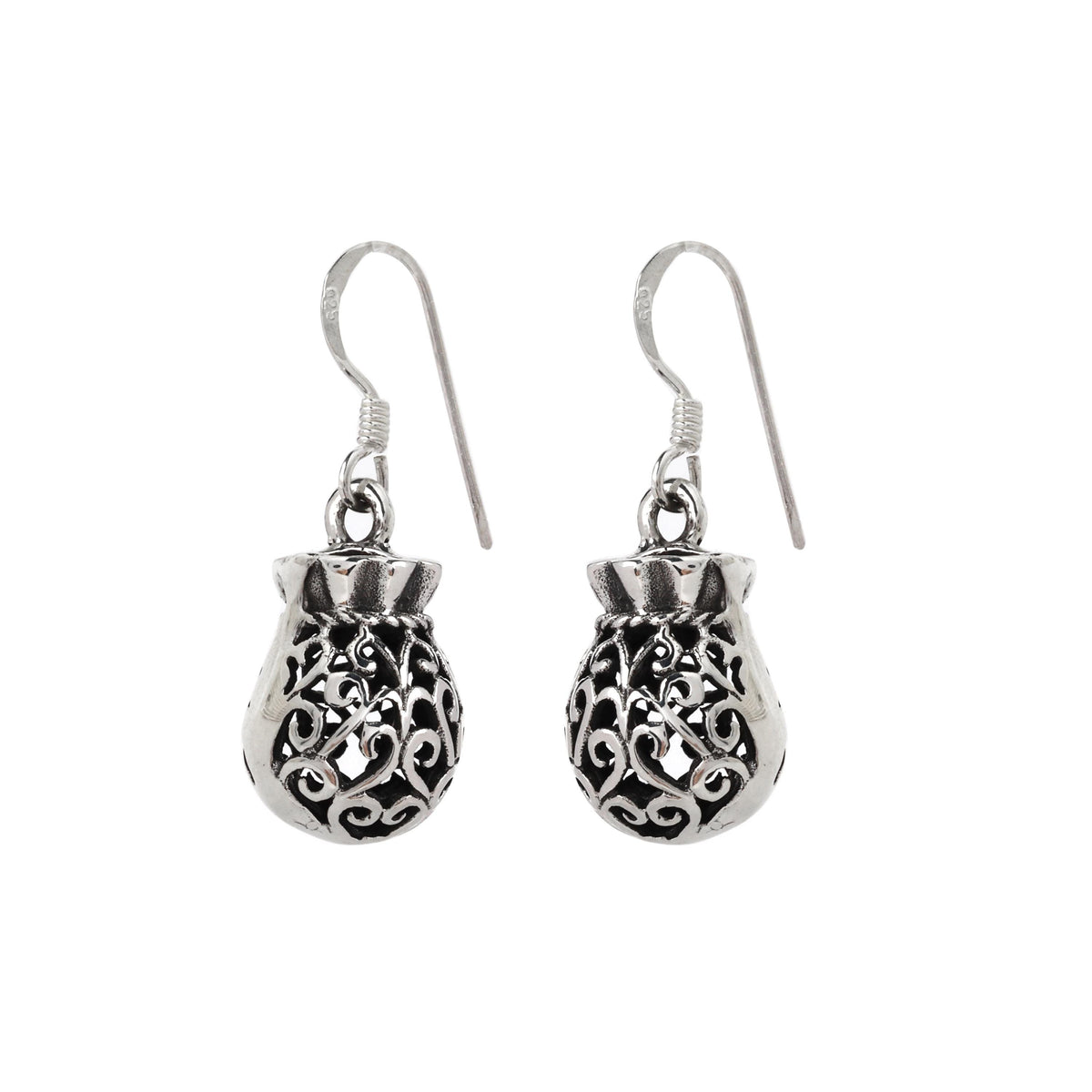 Sterling Silver Filigree Pouch Earrings – Ornate 925 Silver Dangles