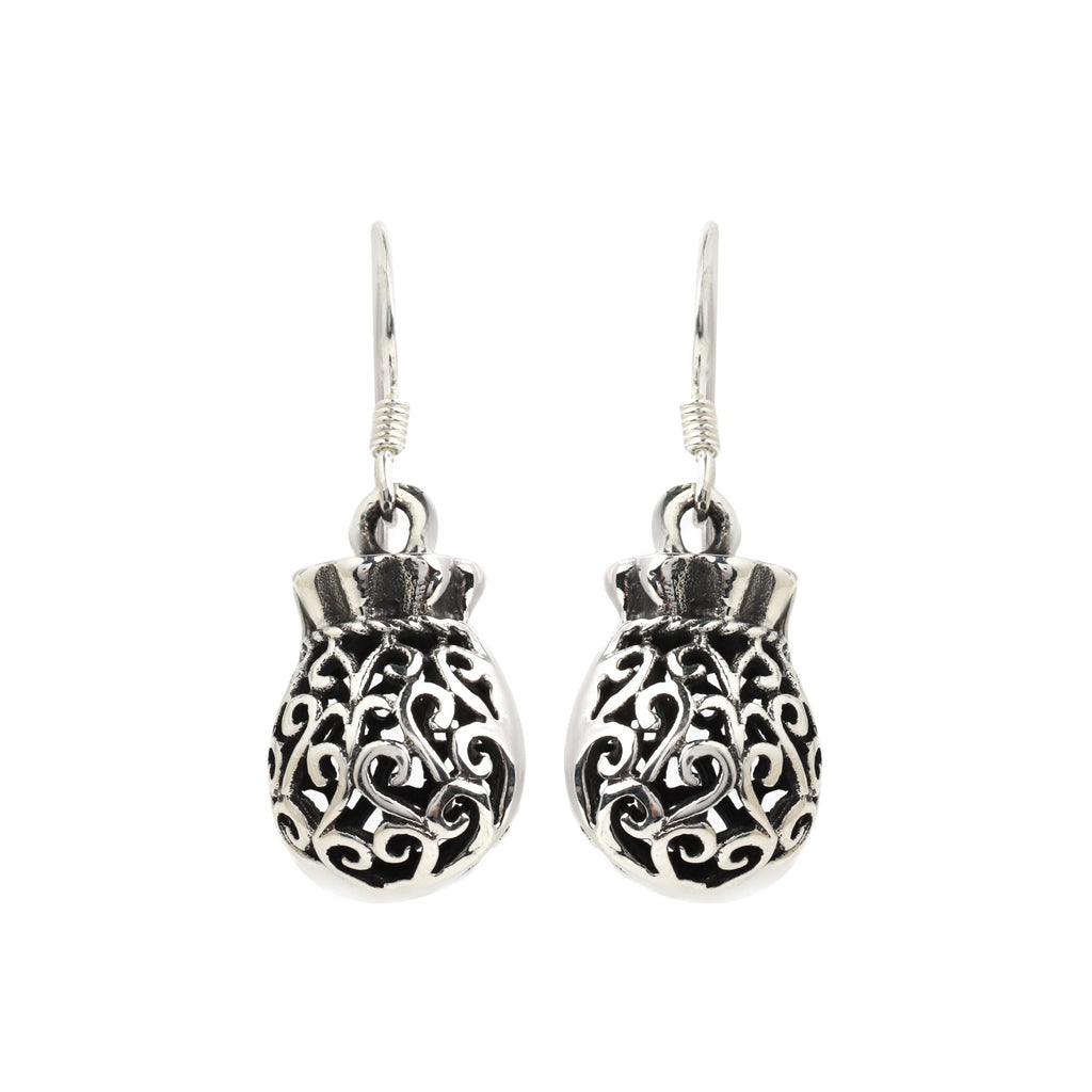 Sterling Silver Filigree Pouch Earrings – Ornate 925 Silver Dangles