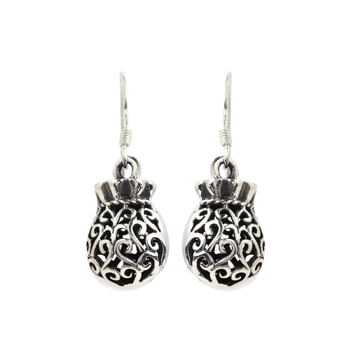 Sterling Silver Filigree Pouch Earrings – Ornate 925 Silver Dangles