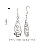 Sterling Silver Swirl Filigree Drop Earrings – Long 925 Silver Dangles
