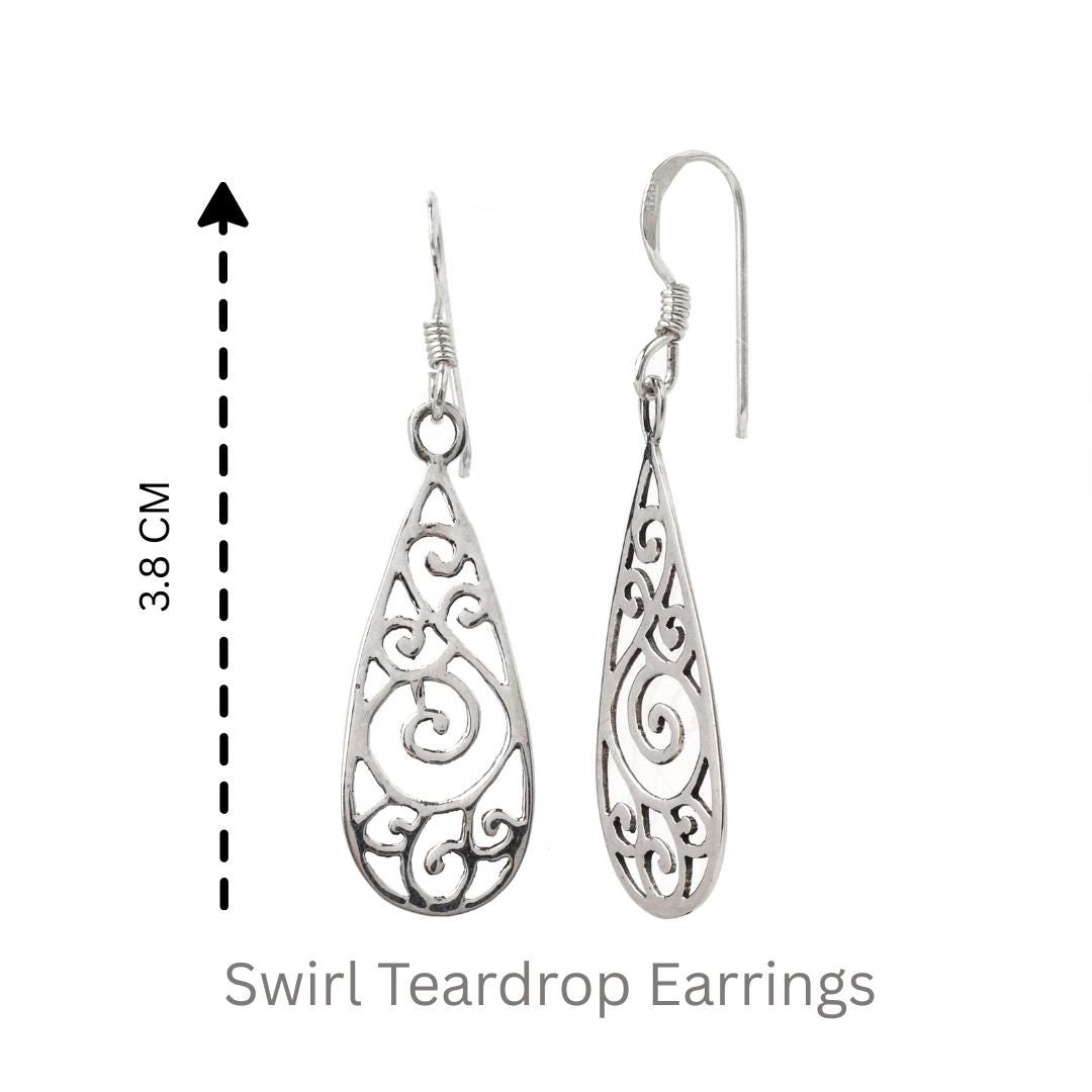 Sterling Silver Swirl Filigree Drop Earrings – Long 925 Silver Dangles