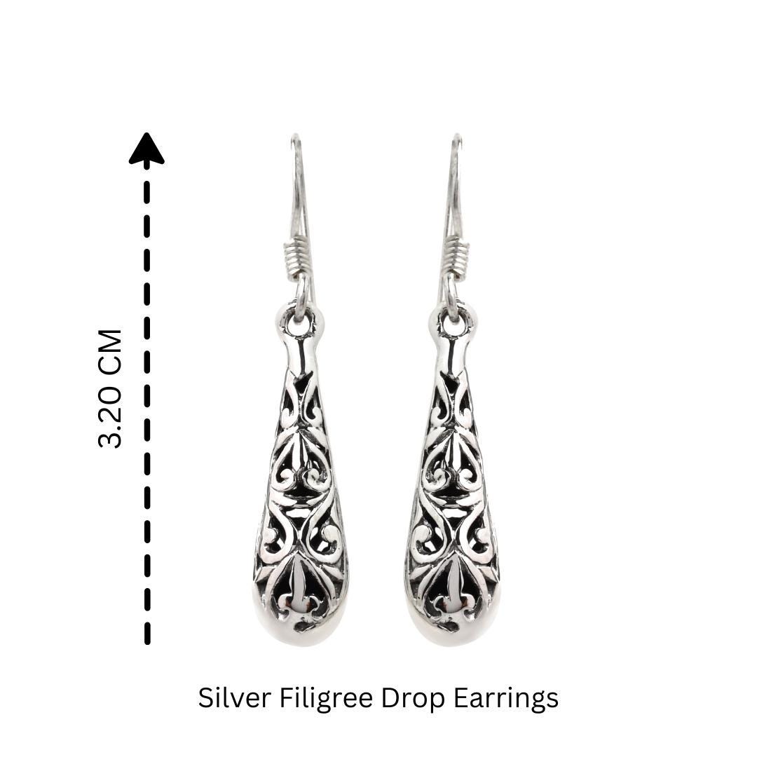 Sterling Silver Filigree Drop Earrings – Lace-Like 925 Silver Dangles