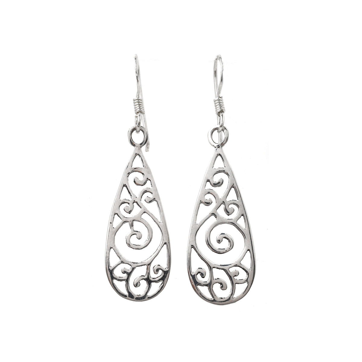 Sterling Silver Swirl Filigree Drop Earrings – Long 925 Silver Dangles