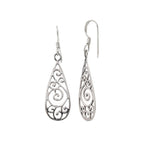 Sterling Silver Swirl Filigree Drop Earrings – Long 925 Silver Dangles
