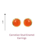 Carnelian stud enamel earrings with gold-tone setting, 1cm diameter, handcrafted silver jewelry