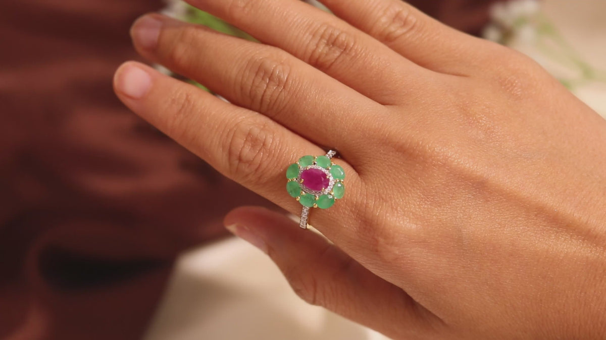 Ruby & Emerald Flower Halo Ring in 18K Gold