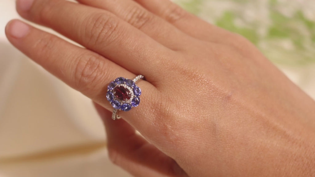 Pink Tourmaline & Tanzanite Halo Ring in 925 Sterling Silver
