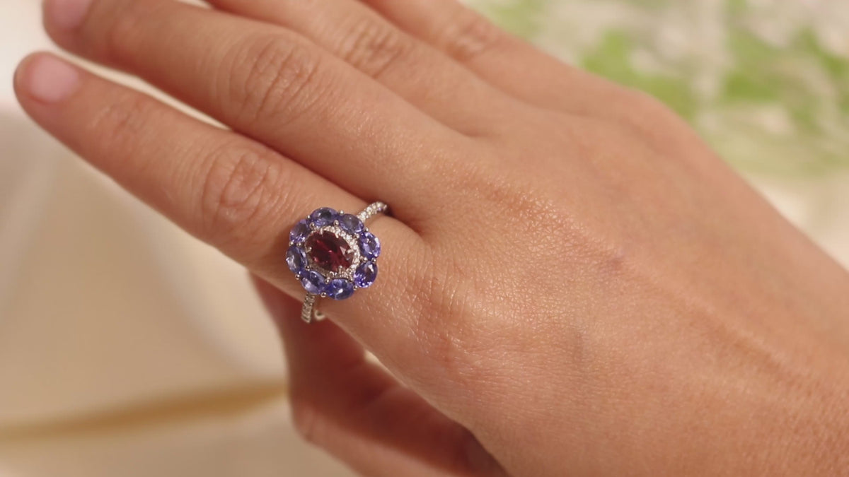 Pink Tourmaline & Tanzanite Halo Ring in 925 Sterling Silver