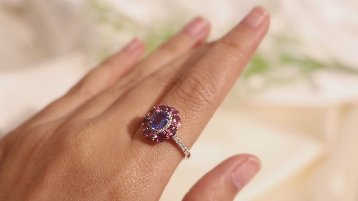 Tanzanite & Pink Tourmaline Floral Ring in 925 Sterling Silver
