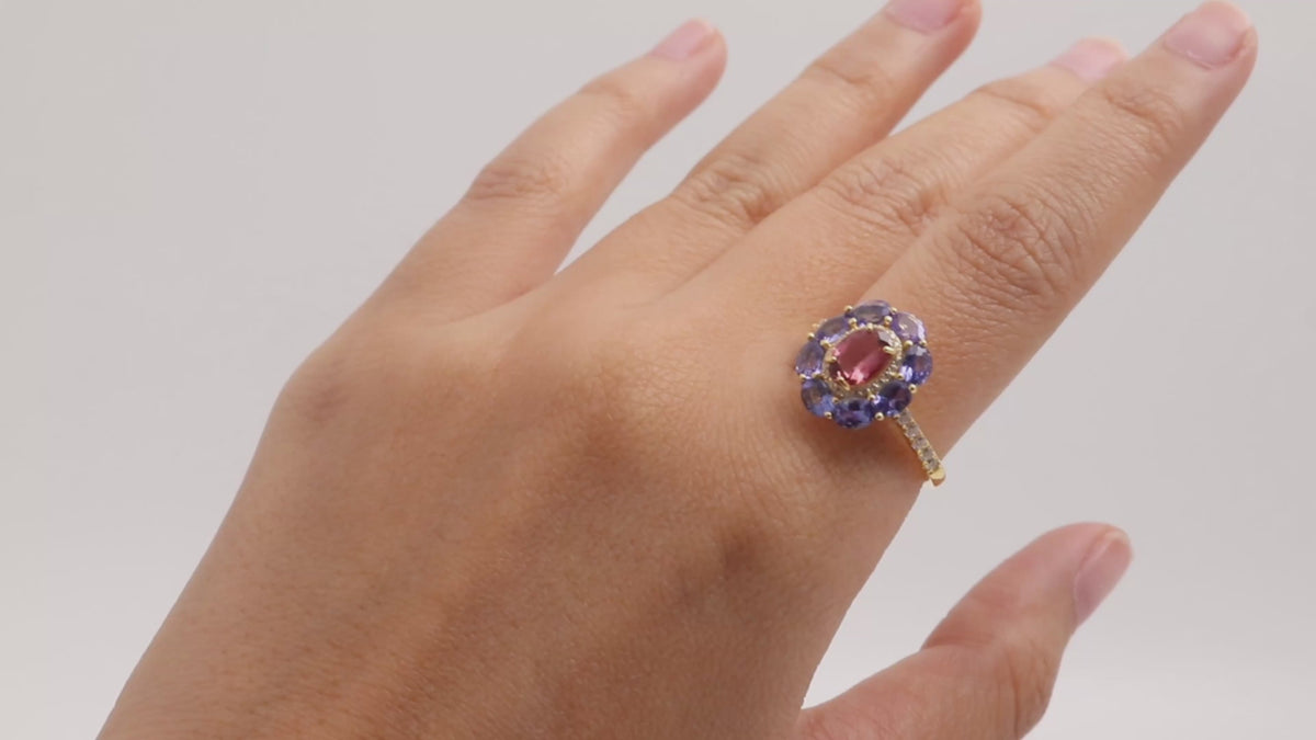 Pink Tourmaline & Tanzanite Halo Ring in 18K Gold