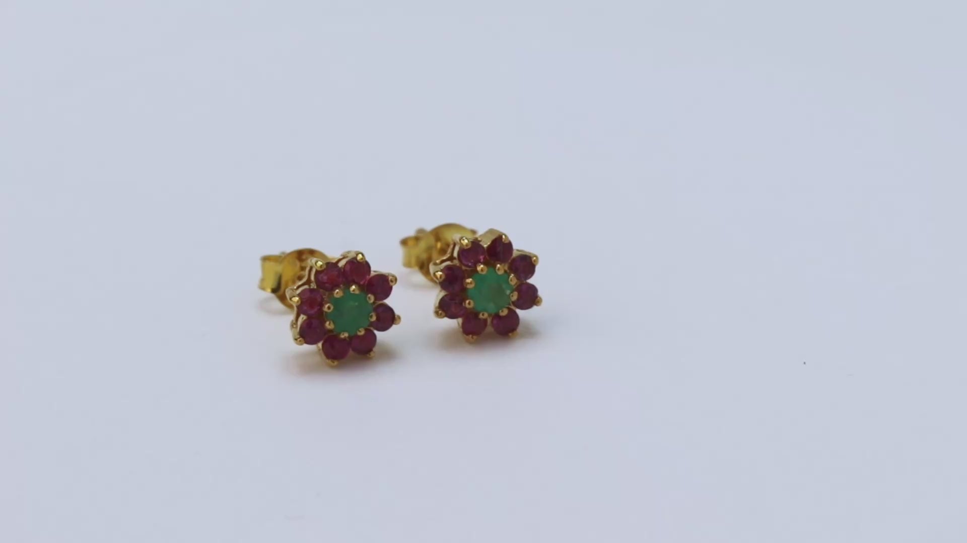 Atelier – TwinTone Ruby–Emerald Floral Stud Earrings – 14K Gold Plated Silver