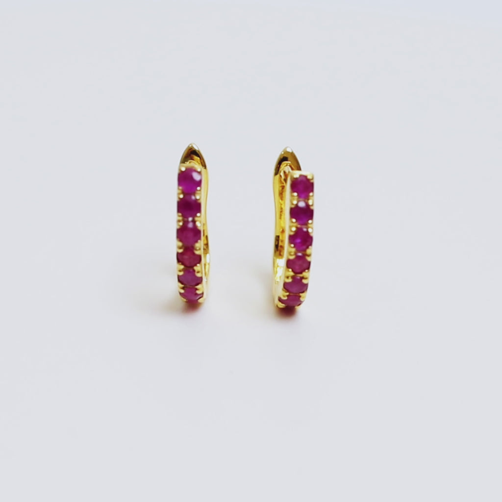 Ruby Huggie Hoop Earrings in 18K Gold