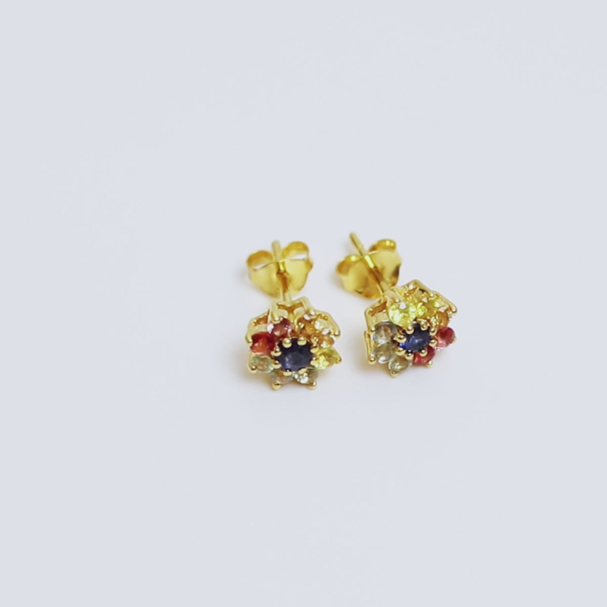 Rainbow Sapphire Floral Stud Earrings in 18K Gold