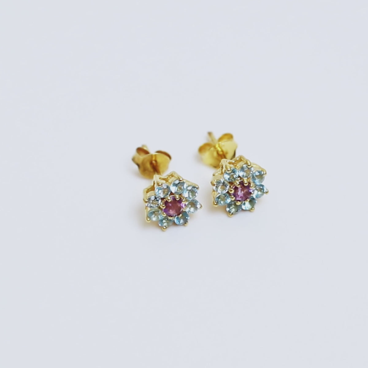 Amethyst & Blue Topaz Flower Stud Earrings in 18K Gold
