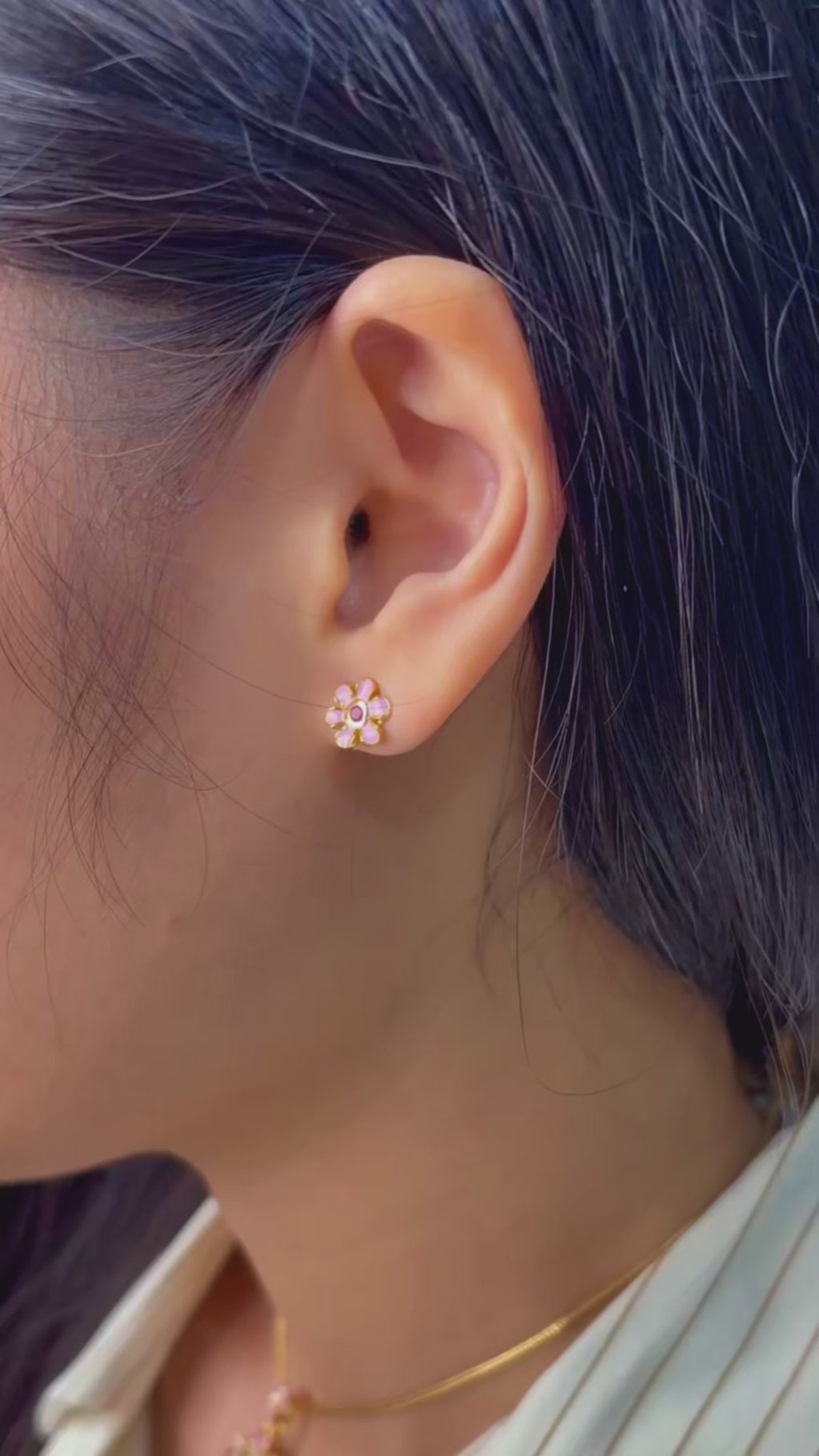 Minimalist pink and gold flower earrings in sterling silver