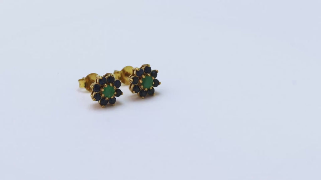 Atelier – TwinTone Emerald–Sapphire Floral Stud Earrings – 14K Gold Plated Silver