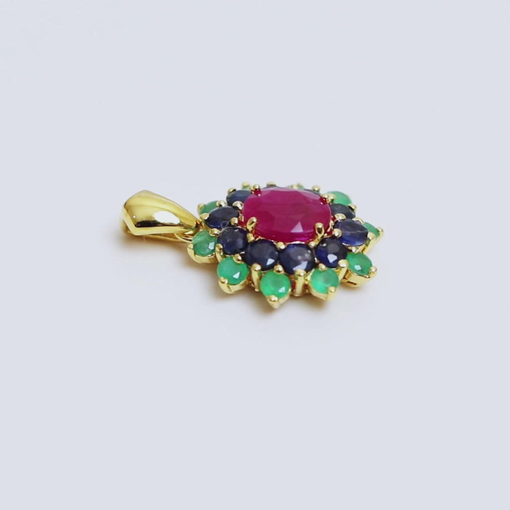 Ruby Sapphire & Emerald Flower Cluster Pendant in 18K Gold