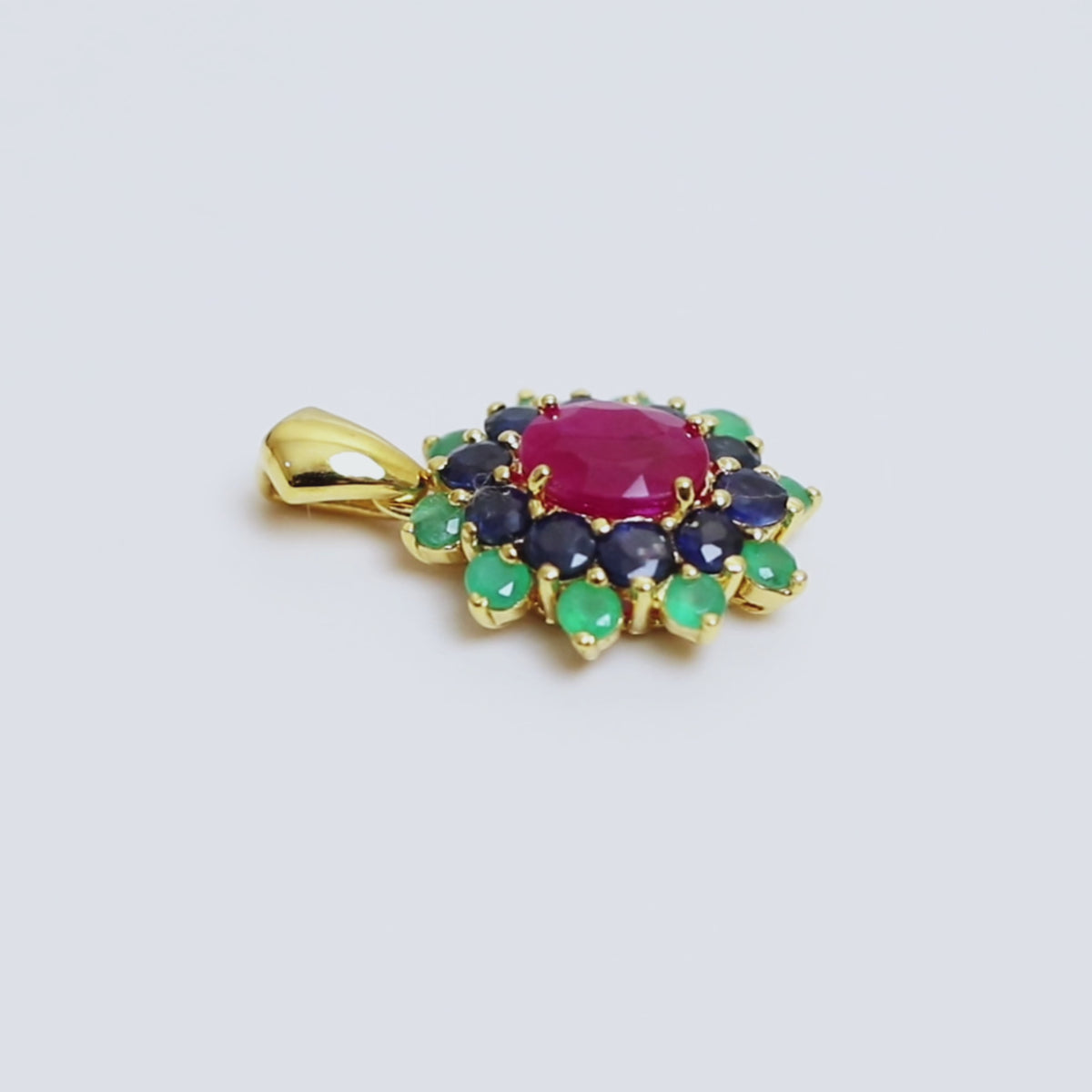 Ruby Sapphire & Emerald Flower Cluster Pendant in 18K Gold