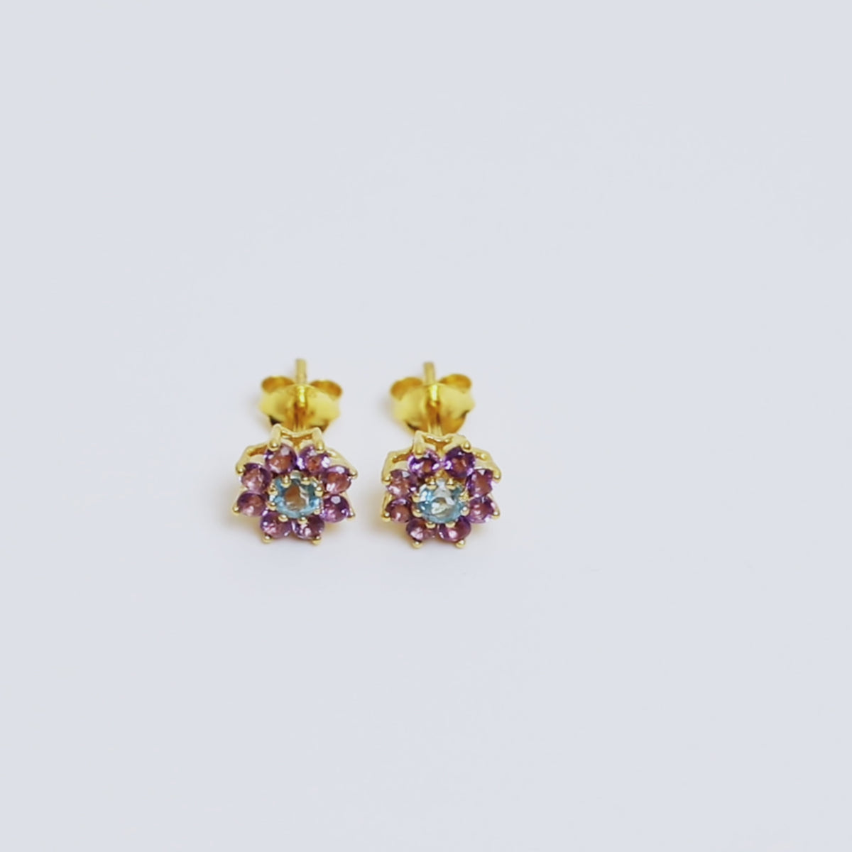 Blue Topaz & Amethyst Flower Stud Earrings in 18K Gold