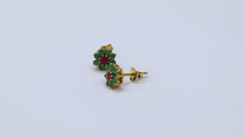 Atelier – TwinTone Emerald–Ruby Floral Stud Earrings – 14K Gold Plated Silver