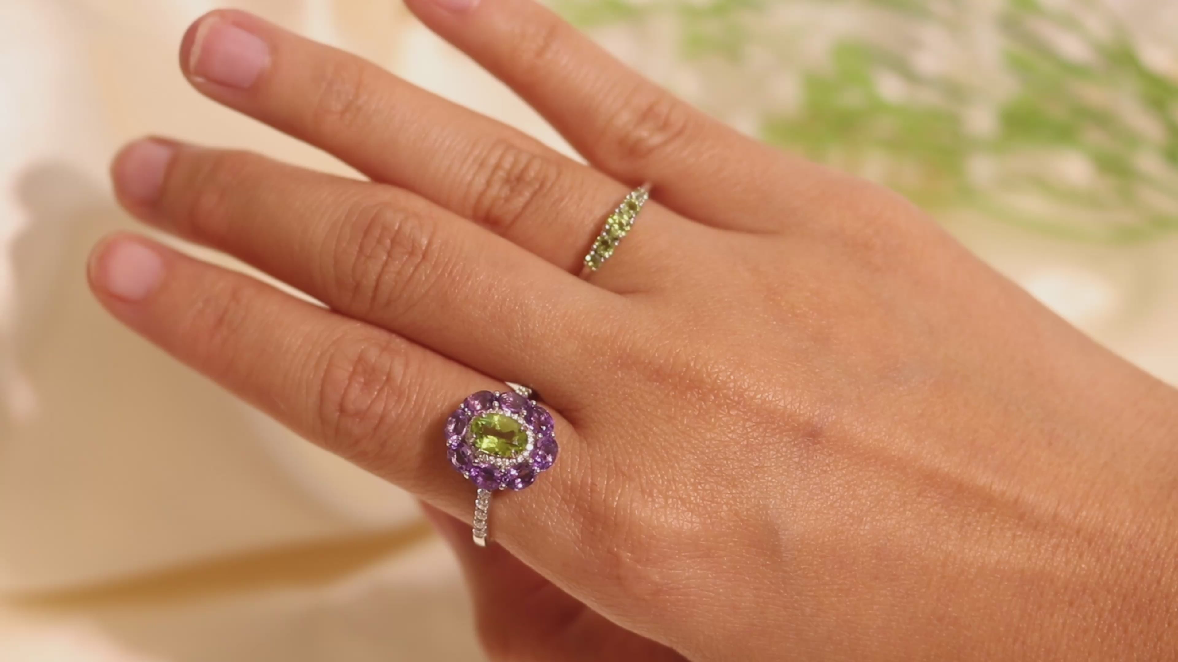 Peridot & Amethyst Halo Ring in 925 Sterling Silver