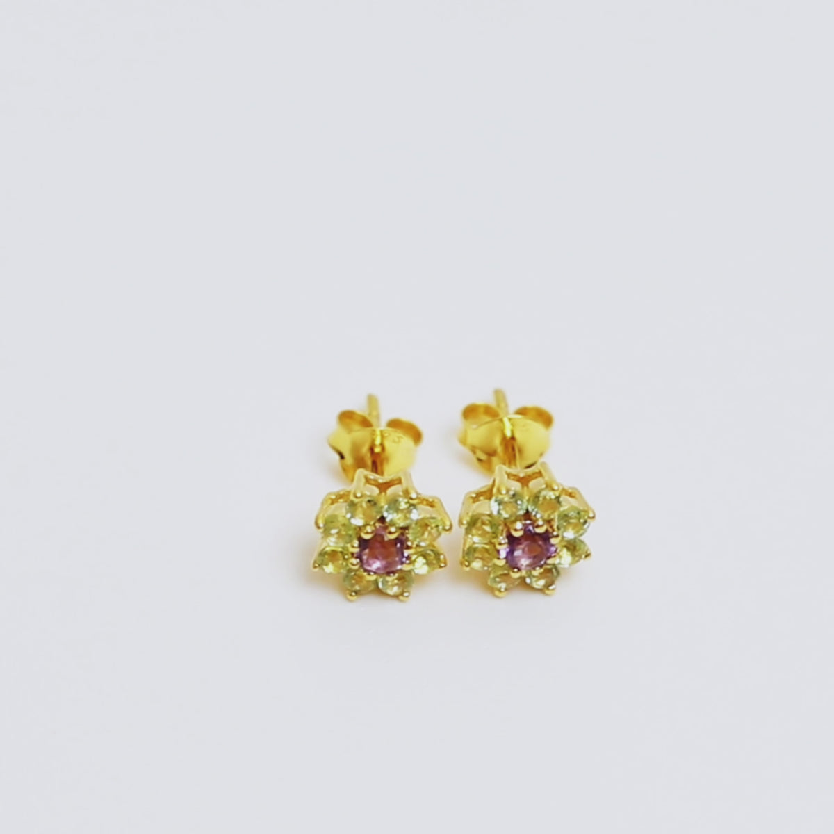 Amethyst & Peridot Floral Stud Earrings in 18K Gold