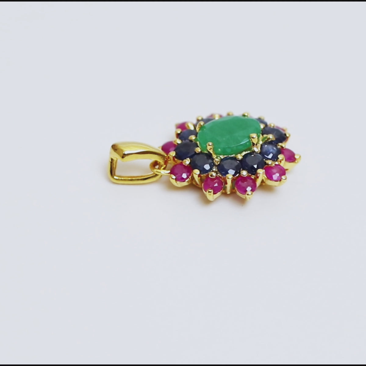 Emerald Sapphire & Ruby Flower Cluster Pendant in 18K Gold