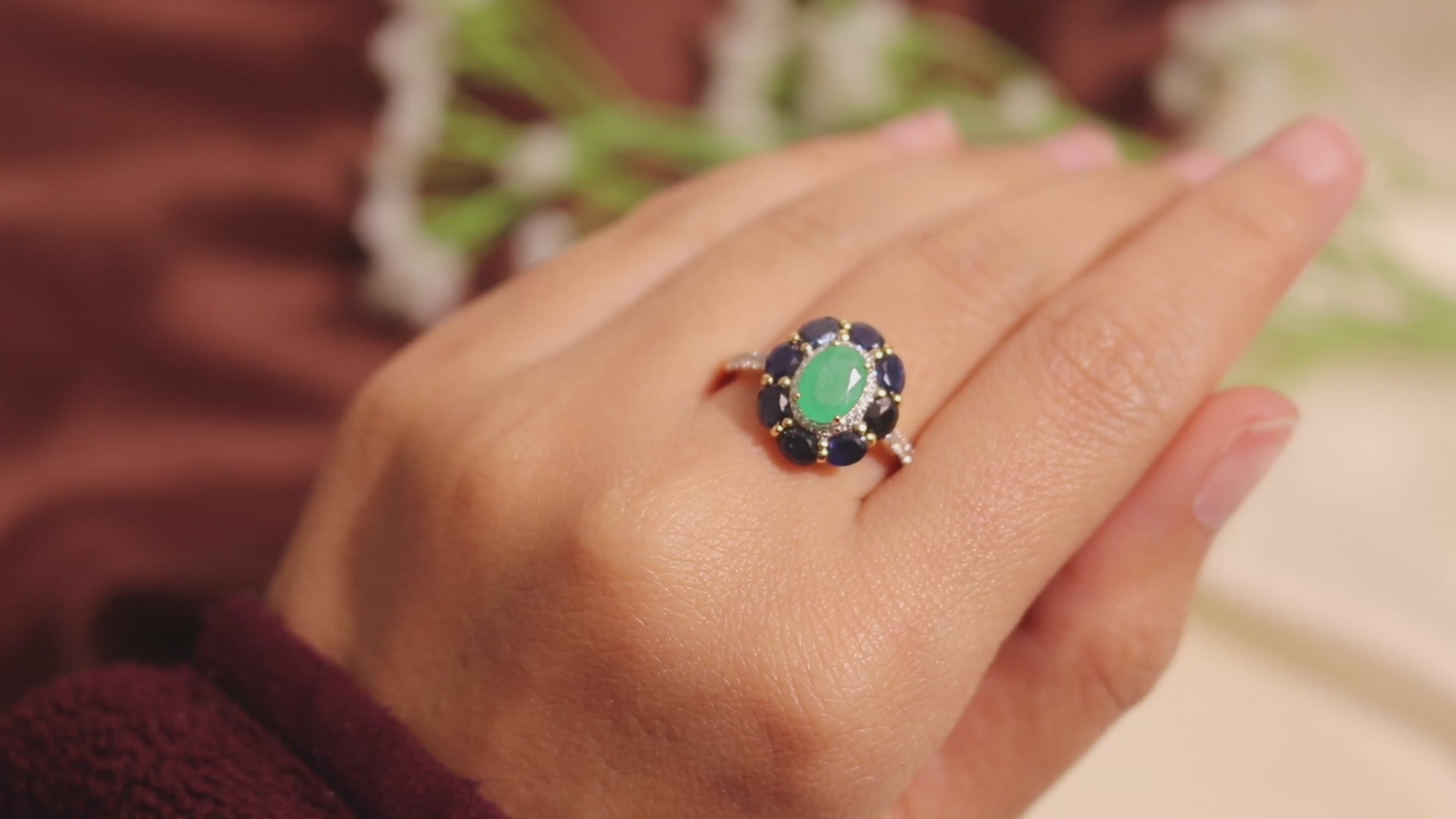 Emerald & Blue Sapphire Flower Halo Ring in 18K Gold
