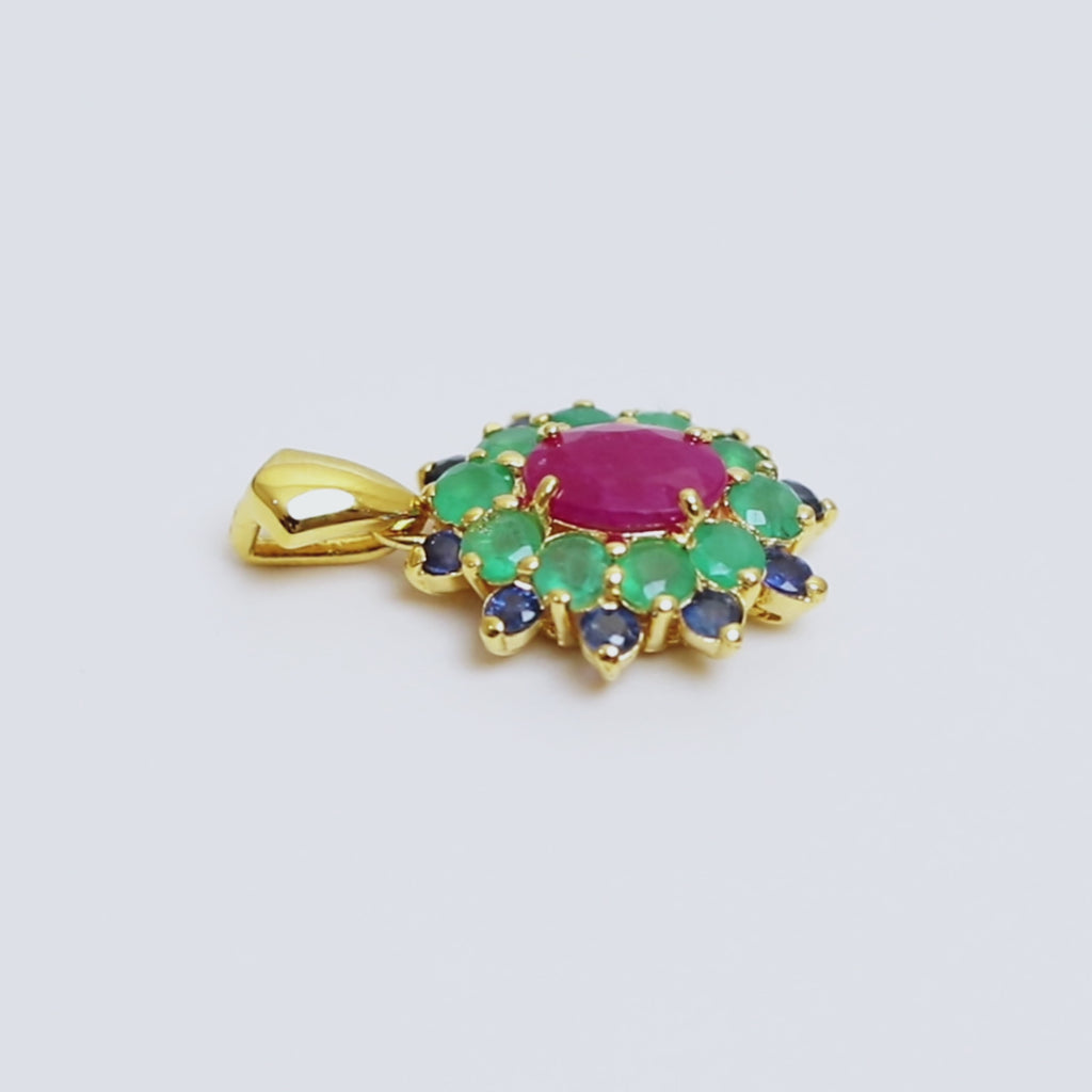 Rubin, Smaragd & Saphir Blüten-Anhänger in 18K Gold