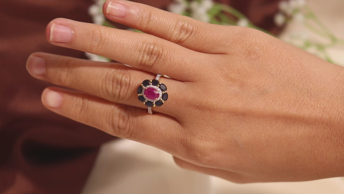 Ruby & Blue Sapphire Flower Halo Ring in 18K Gold