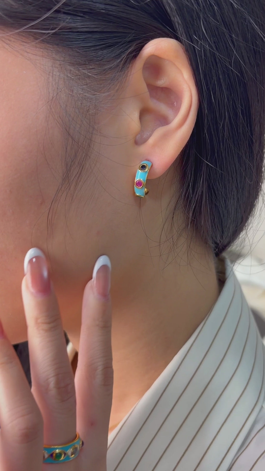 Ruby sapphire emerald enamel earrings with modern luxury styling