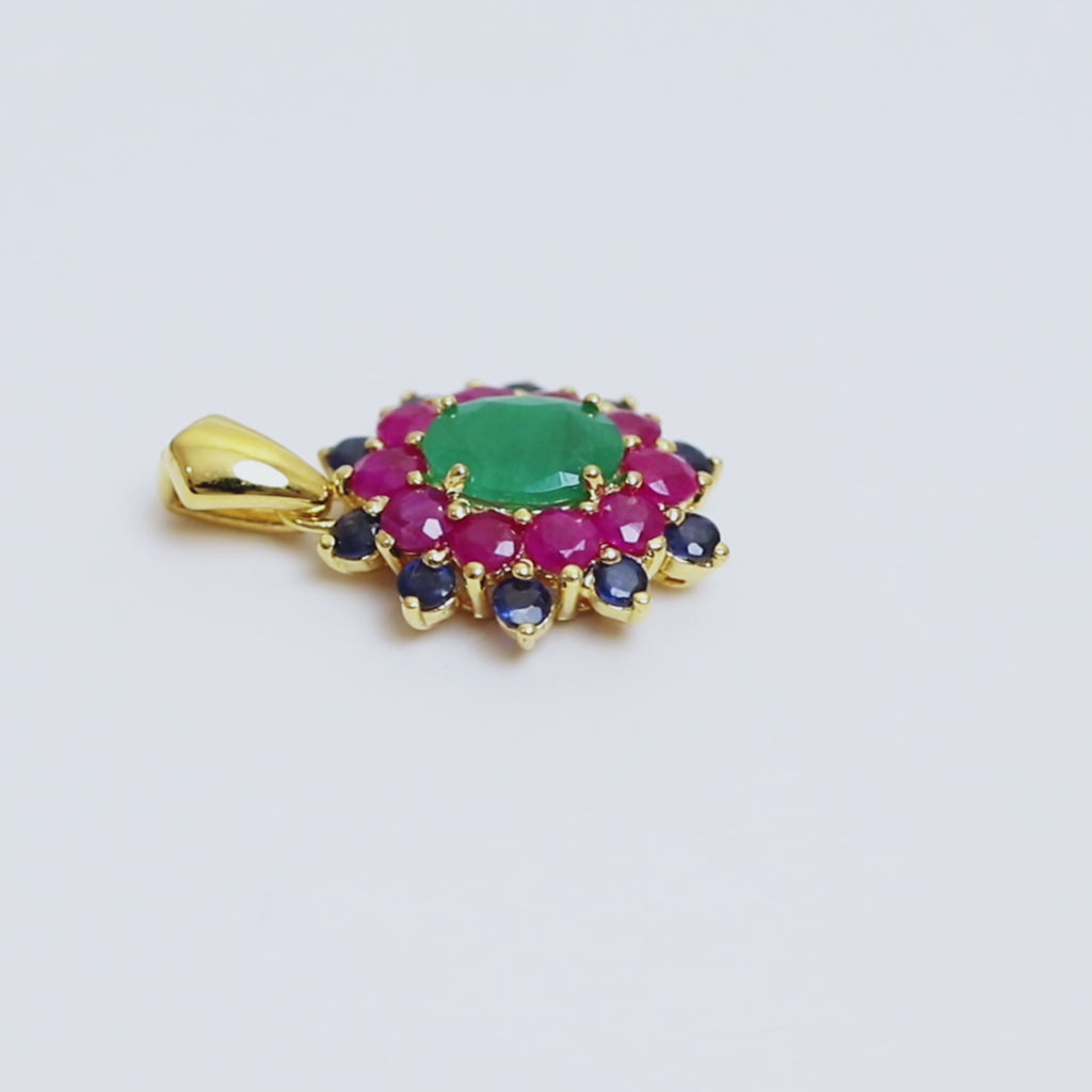 Smaragd & Rubin Blüten-Anhänger in 18K Gold