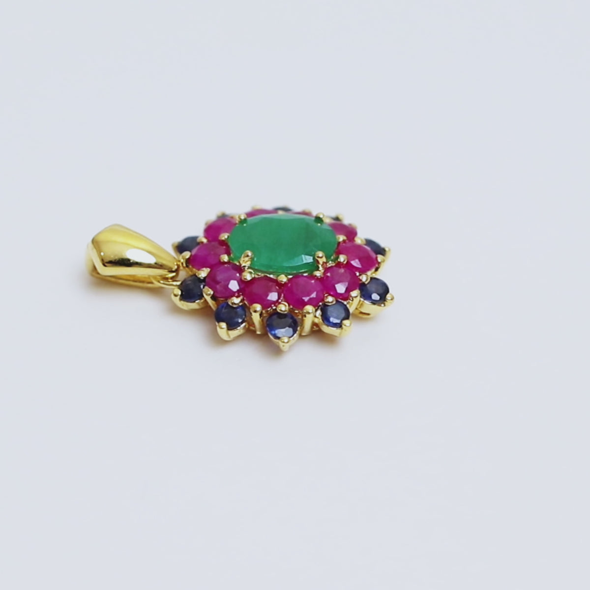 Emerald Ruby & Sapphire Flower Cluster Pendant in 18K Gold
